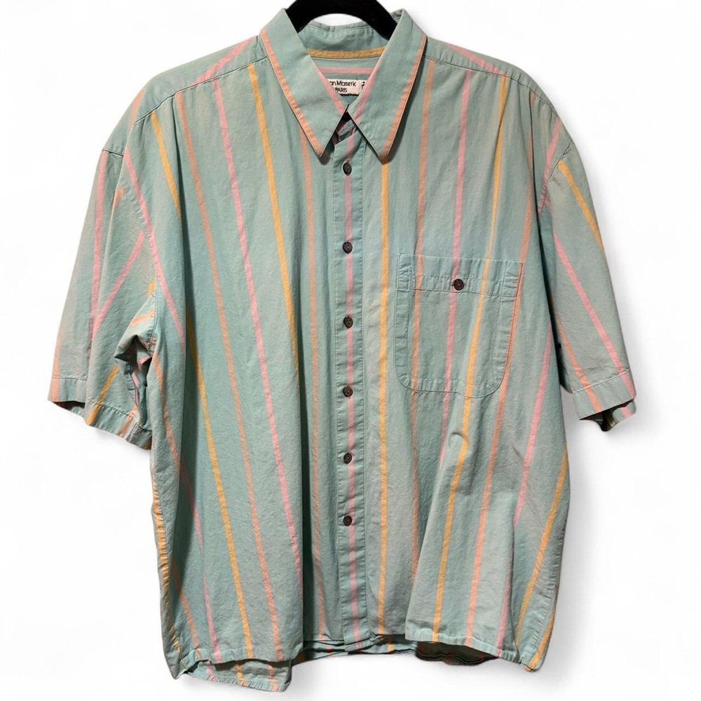 Jean Maseric Paris blue and pink striped short sleeve button up shirt